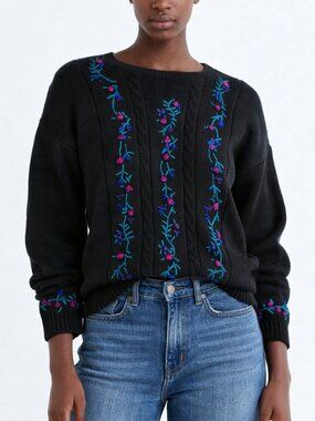 Aston Black Floral Embroidered Sweater Boho Cottagecore Cozy Knit Top M